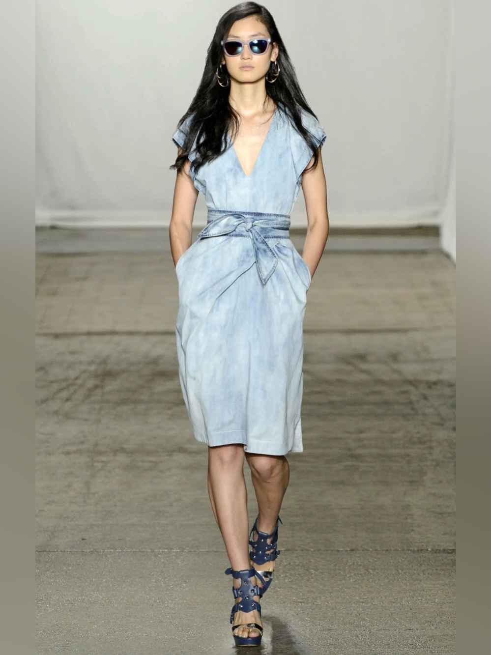 Rebecca Taylor Washed Light Blue V-Neck Tie-Waist Midi Dress